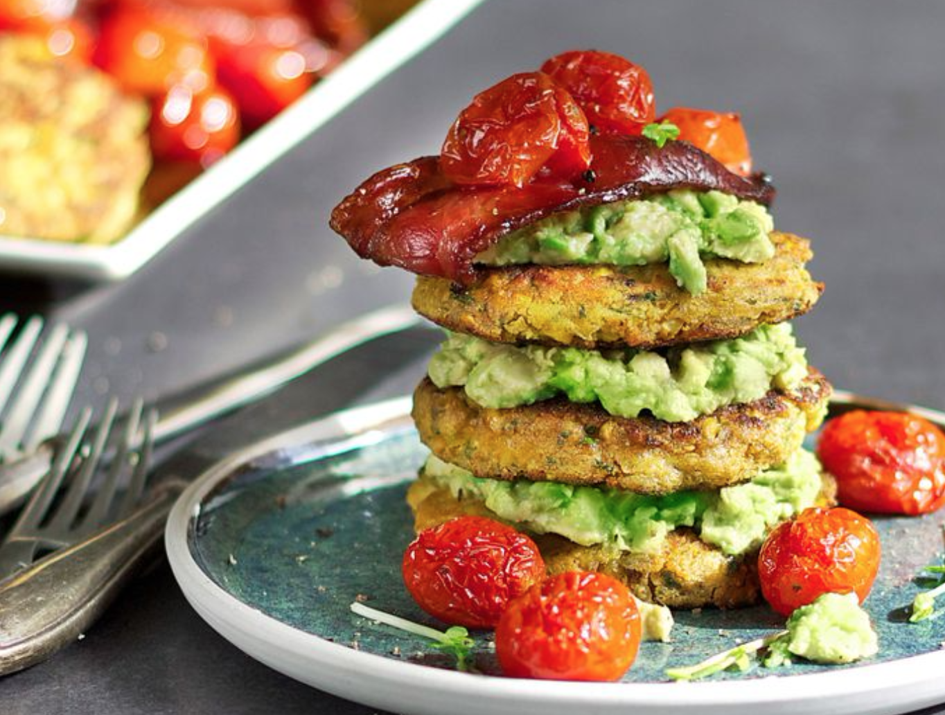 Breakfast Corn Fritters With Roast Cherry Tomatoes & Bacon
